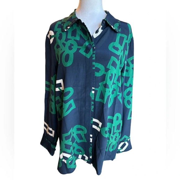 Lafayette 148 Silk Duvall Link Print Button-down Long Sleeve Blouse L - Picture 3 of 16